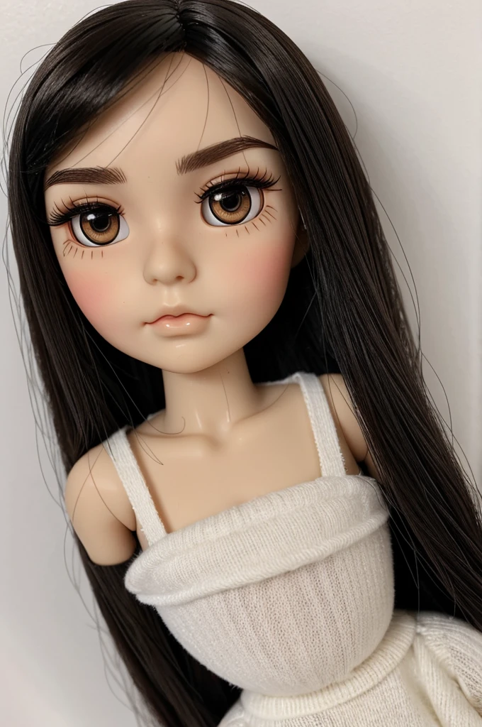 Blytle doll toy
with:
• black hair, straight 
• without fringes 
 •straight eyebrow
 •anime style eyelashes
 •a mole above the right eyebrow 
 •end of the right eyebrow a mole 
•Brown eyes 
•brown lips
