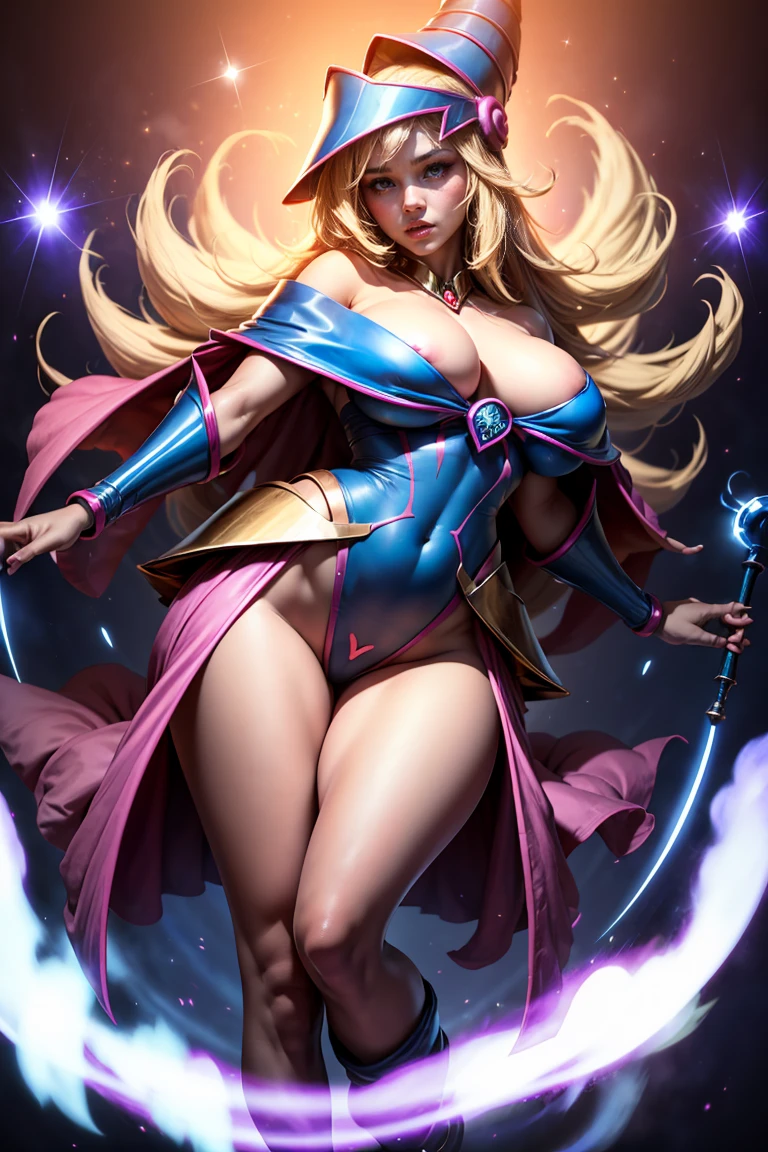 (Masterpiece:1.2), (The best quality:1.2), Perfect lighting, Dark Magician Girl casting a spell, In his twenties, floating in the air, visible medium tits, transparent neckline, blue robe, big hat, From above, sparkles, Yugioh game, The magic of the heart. LIGHTS OF THE HEART, Romantic heart. apocalypse