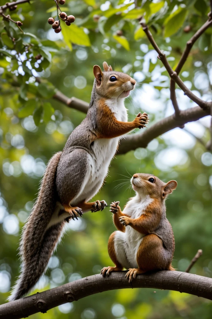 Make me a picture of a squirrel releasing a little bird from the branches of a tree 