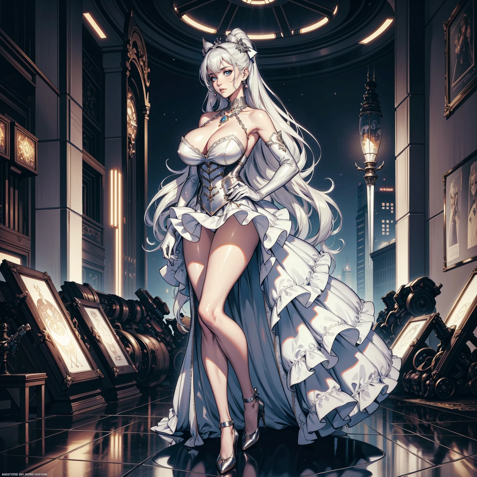 Masterpiece, Professional, High Definition - quality, sharp focus, perfect artwork, Best Illustration, trending on artstation, UHD, 4k, full body, NSFW " Cyberpunk background, John Tenniel art, frustrated Ariana Grande, pale skin,silver hair, curls, wearing a stately and elaborate trixie ballgown of silver satin and silver adorned with large satin, silver futuristic ballroom gown, cybernetic mech enhancements , huge silver ribbon bows , silver rosebuds, silver embroidery and jewels, gigantic breasts with enormous sulver puffed sleeves, an hourglass waist, and a flat crinoline silver hoopskirt, bustle, long silver gloves, adorned with intricate metallic details, pearl and diamond necklace and earrings, large elaborately curled and styled hair