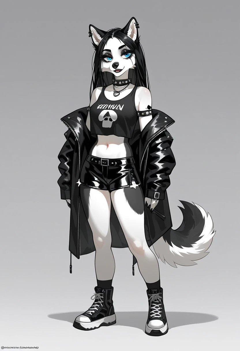 Solo, score_9,score_8_up,score_7_up, source_furry, dog, Anthro furry dog girl, adult female, black hair, goth style hair, husky markings, Siberian husky, husky, anthro husky girl, 1.3, goth makeup, silver, grey and white fur, wearing goth clothes, goth, emo, goth outfit, standing, solo, full body, blue eyes, black clothes,