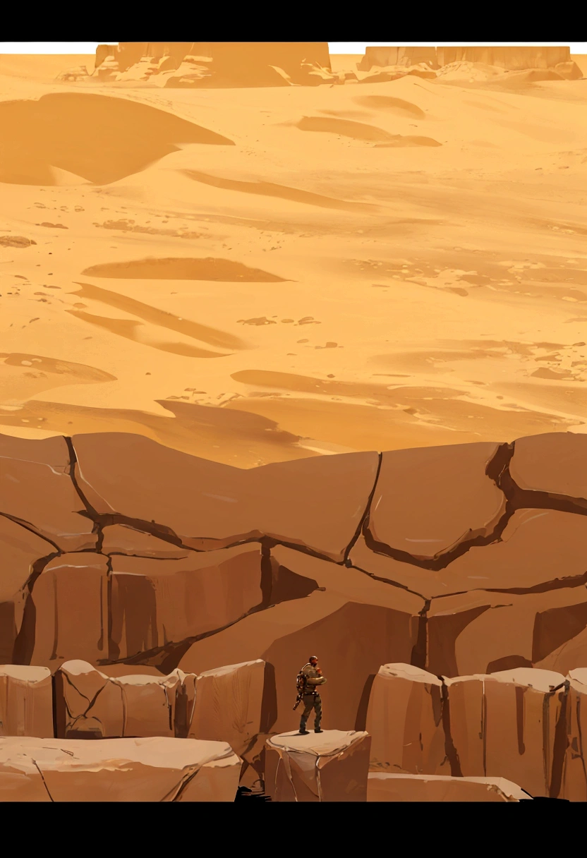 there is a picture of a man standing on a rock wall, brown canyon background, sand and desert environment, desert background, martian sands background, canyon background, background art, background sharp earth, desert oasis background, background of a lava river, mobile game background, game texture, extremely detailed sand, background sand dunes, background artwork, flat desert, 2 d game art background