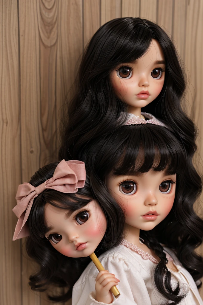 Make me a BLYTHE DOLL with Asian features, with wavy black hair, brown almond eyes, parts, thick carmine lips, dark skin and cheeks with a light blush. 