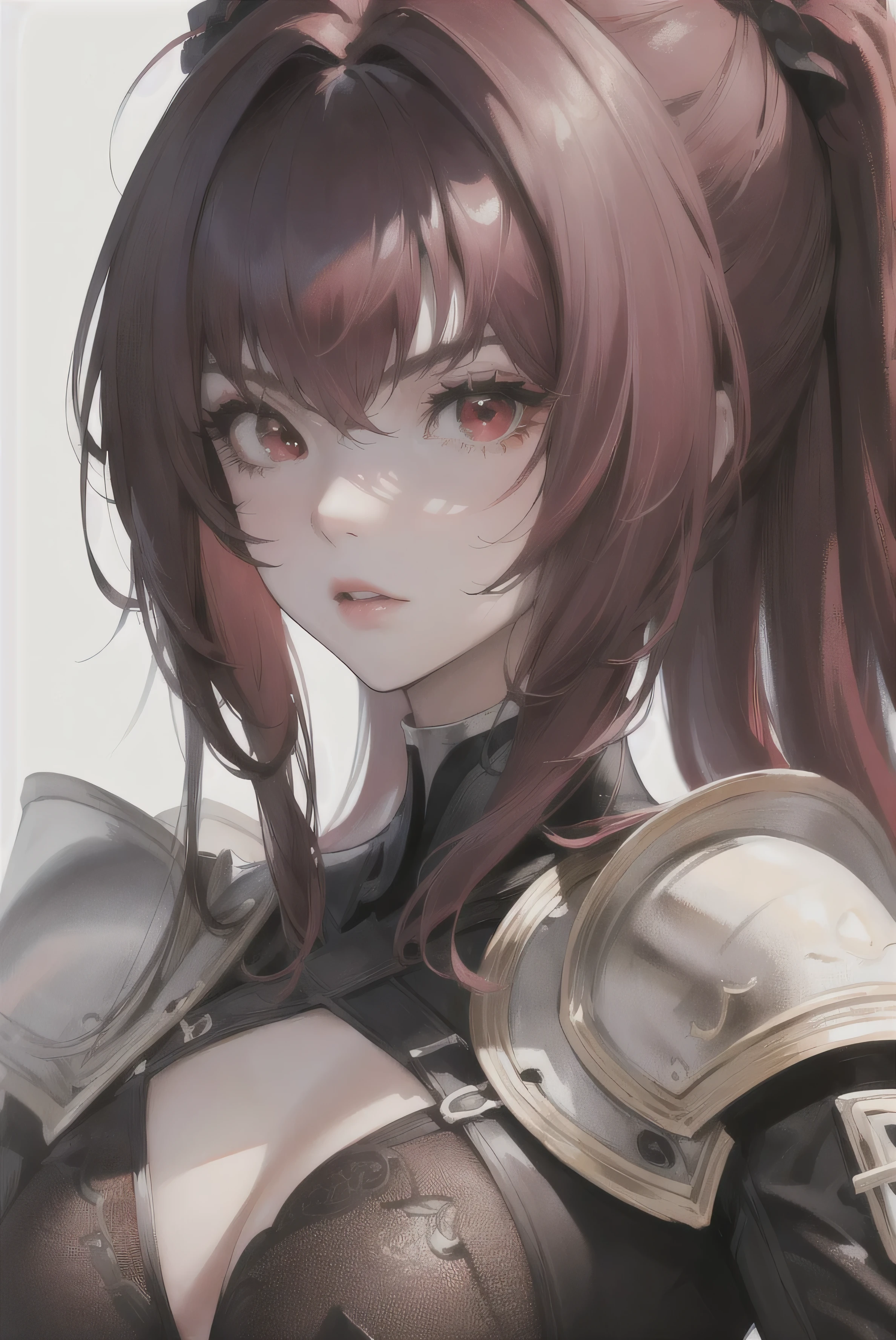 (highest resolution, distinct_image) Best quality, a female's masterpiece, highly detailed, semi realistic, (portrait), scathach, long hair, ((maroon hair)), (red eyes:1.5), ((violet colored inner hair)), ((medium breasts)), armor, bodysuit, pauldrons, purple bodysuit, shoulder armor, (Broken Glass), (plain white background), cold, serious, authoritative, powerful, (Standing Painting), (exquisite facial features)