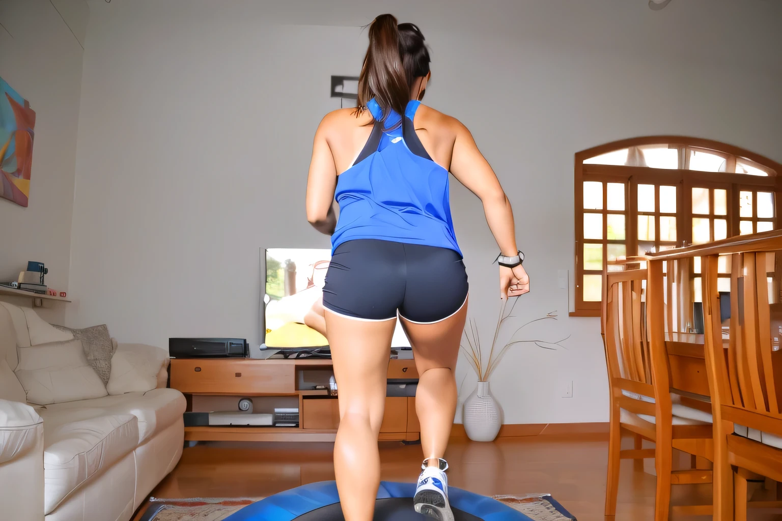 woman standing on a trampol in a living room with a television, back - shot, latina, back shot, rear-shot, backshot, fernanda suarez, side view of her taking steps, jumping, indoor, bouncing, in shape, centered full body rear-shot, fitness, working out, caroline gariba, portal 3, close full figure, karla ortiz