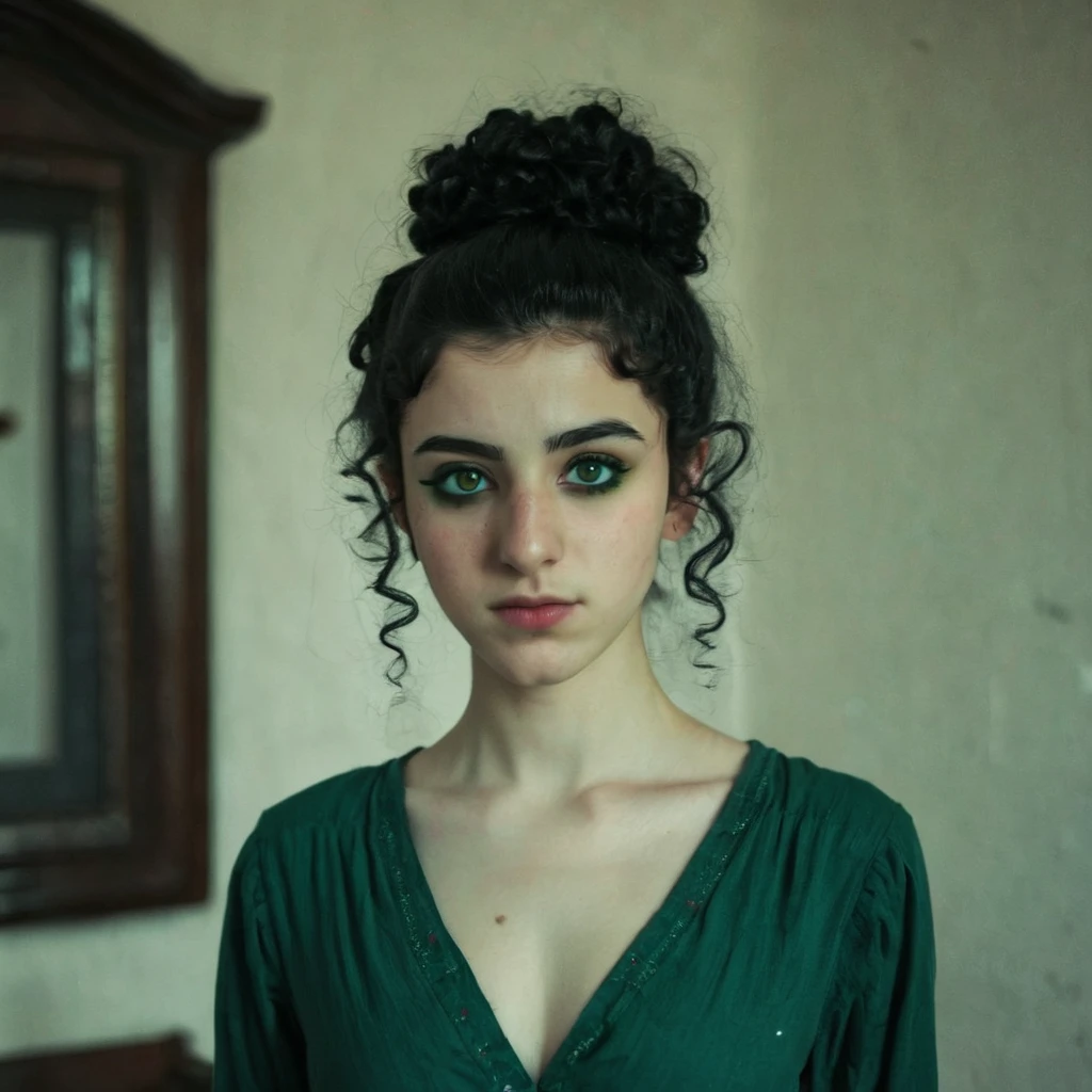 Black Curly bun black hair pale skin green eyes kurdish girl standing in room