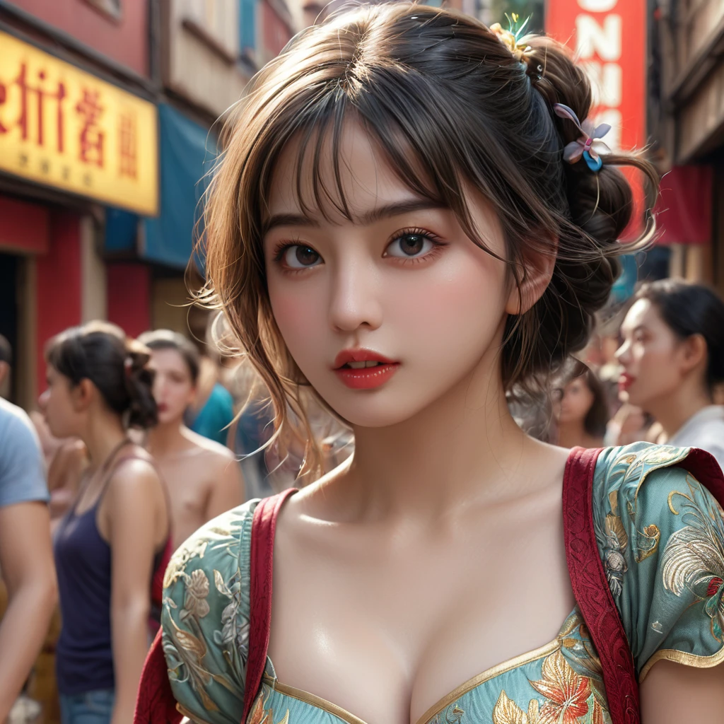(Highest quality,4K,8K,High resolution,masterpiece:1.2),Super detailed,(Realistic,photoRealistic,photo-Realistic:1.37),One girl,Beautiful attention to detail,Beautiful lip detail,Highly detailed eyes and face,Long eyelashes,Playful expressions,Sticking out tongue,Raise the middle finger,Teasing the audience,Summer shorts,,Beautiful costumes down to the last detail,Intricate details,Bright lighting,Vibrant colors,Cinema Lighting,Fantasy art style,Digital Painting