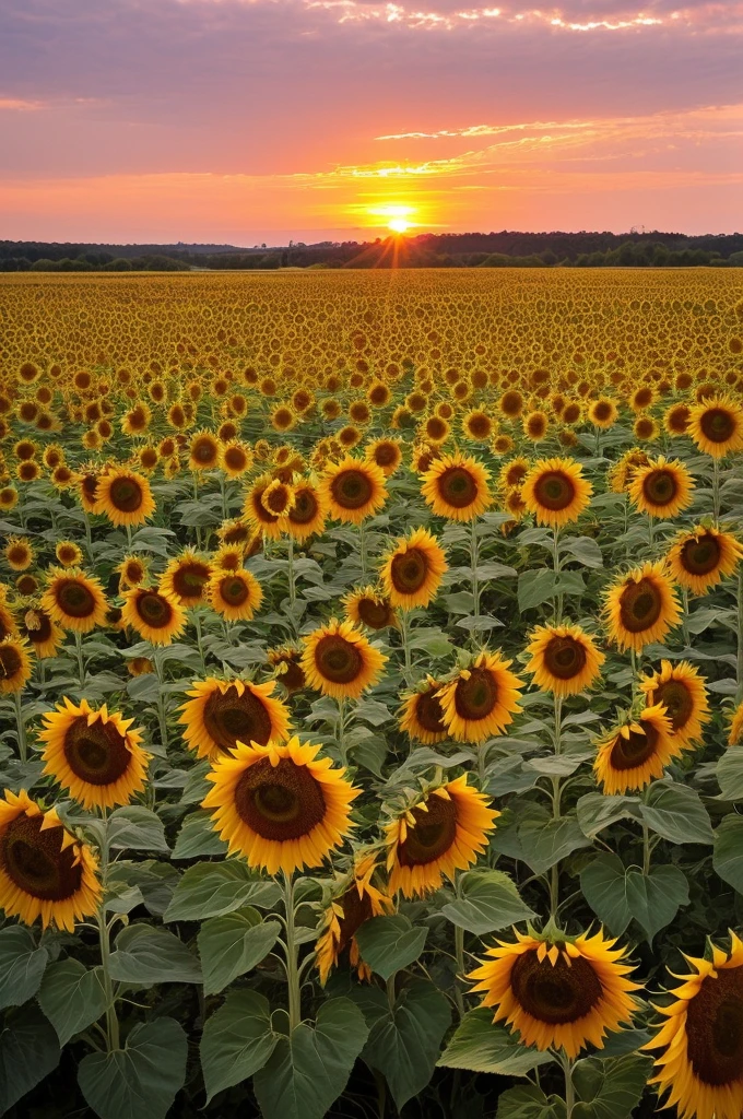  Sunflowers field  and a pink sunset 