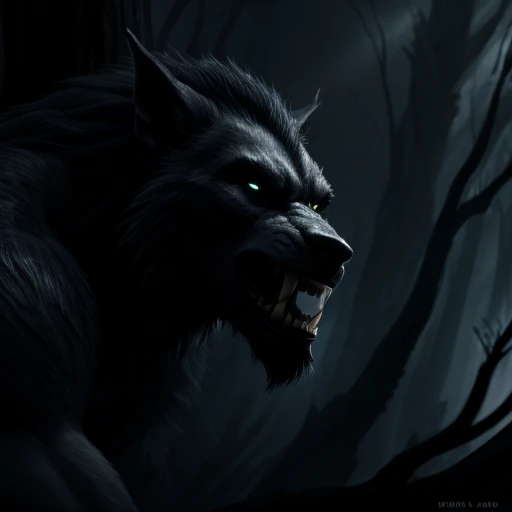 a werewolf man looking over a tree, baring his teeth, detailed facial features, highly detailed, intricate, cinematic lighting, dark fantasy, moody atmosphere, dramatic shadows, chiaroscuro, muted colors, dramatic pose, epic scale