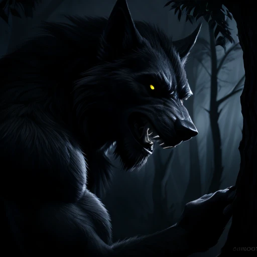 a werewolf man looking over a tree, baring his teeth, detailed facial features, highly detailed, intricate, cinematic lighting, dark fantasy, moody atmosphere, dramatic shadows, chiaroscuro, muted colors, dramatic pose, epic scale