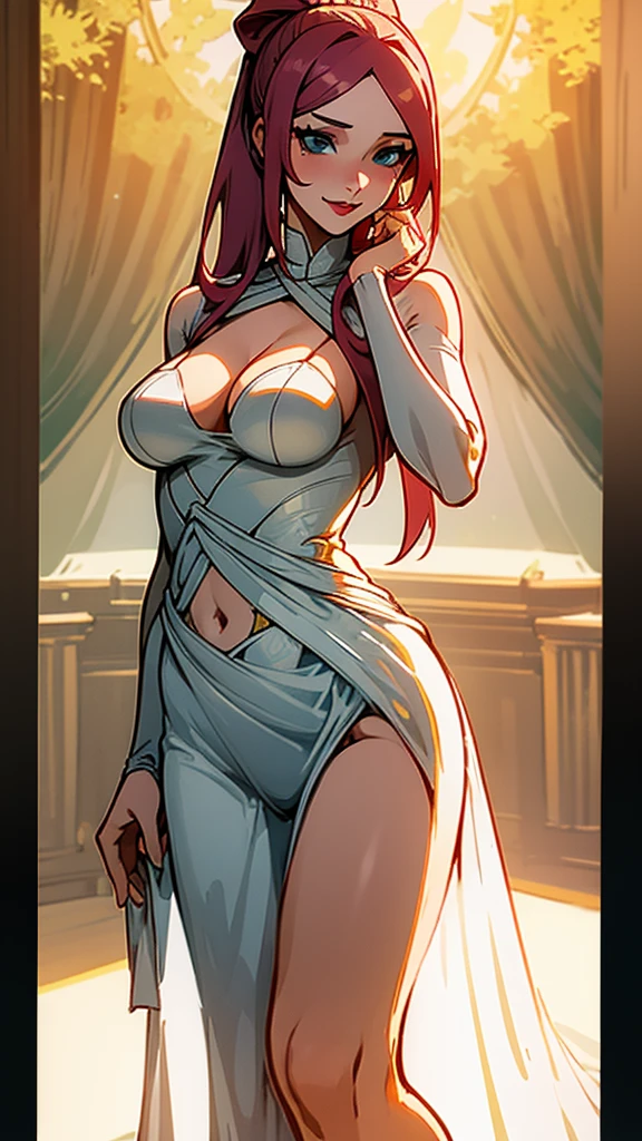 uzumaki_kushina,very large_breasts, medium thighs, large_ass, solo,  wedding dress,gown, wrinkle , transparent dress,sexy dress,  hand on ,ponytail,navel, cleavage, belly button,no bra,no panties, masterpiece, best quality, detailed face, detailed eyes, highres, (masterpiece:1.4, best quality:1.2), (Highres), (Detailed Illustration), Ultra-Detailed, konohagakure,looking in front, smiling playfully,lustful eyes, red lipstick,blue eyes,one hand up ,second hand on cleavage , standing,front face, blossom tree,body on front,legs apart , fair skin,