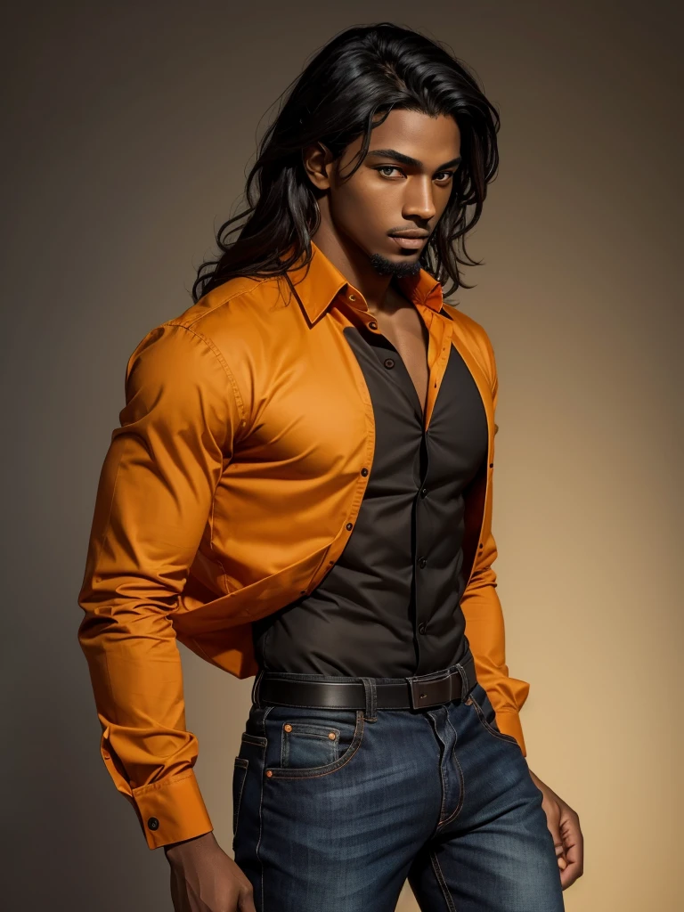 young man with a rectangular face, with a goatee, dark-skinned Colombian, orange eyes,orange eyes,orange eyes,orange eyes,orange eyes,orange eyes,orange eyes,orange eyes,orange eyes,orange eyes,orange eyes,orange eyes,orange eyes,orange eyes, long messy semi-wavy hair, wearing a long-sleeved formal black shirt and blue jeans, serious look, slim, thin, thin, thin