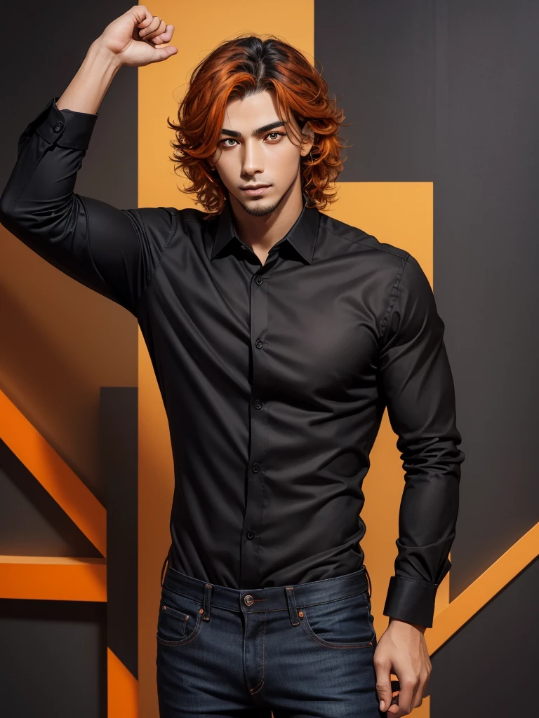 young man with a rectangular face, with a goatee, dark-skinned Colombian, orange eyes,orange eyes,orange eyes,orange eyes,orange eyes,orange eyes,orange eyes,orange eyes,orange eyes,orange eyes,orange eyes,orange eyes,orange eyes,orange eyes, long messy semi-wavy hair, wearing a long-sleeved formal black shirt and blue jeans, serious look, slim, thin, thin, thin