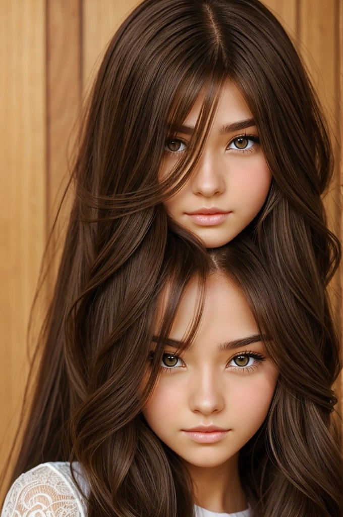 A brunette girl with long hair without bangs on her face but two long locks on each side. Amber eyes.
Style manga anime fantasy