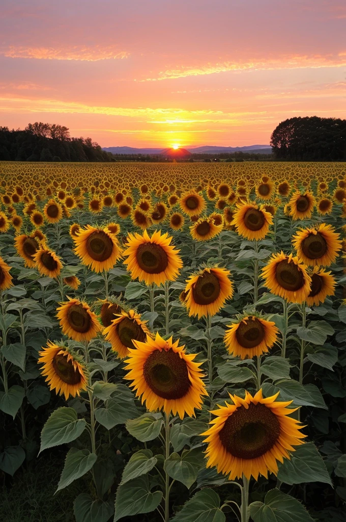 Sunflowers field and a pink sunset