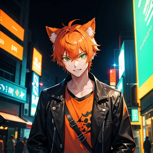 masterpiece, best quality, night, city, neon lights, looking at viewer, upper body, 1male, orange and green hair, short hair, male hair, orange cat ears, orange and green eyes, black shirt, smirk, sharp teeth, tall and thin