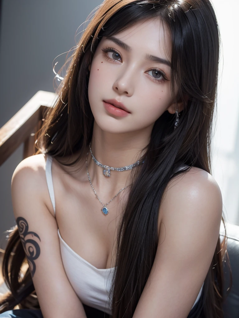 1girl, alone, solitary, high quality, (best quality,4k,8k,highres,masterpiece:1.2),ultra-detailed,(realistic,photorealistic,photo-realistic:1.37),gorgeous hair,black hair, dark black long straight hair with bangs,puffy eyes,mole on the cheek,plump lips,jewelry,(high detailed skin:1.4),(rim lighting:1.3),(lit:1.3),(sunny day:1.3),portrait,beautiful lips,waist-length hair,seductive gaze,moles,casual clothes,colorful clothing,close up,really long hair,choker necklace,tattoos,tattooed,light eyes,bangs,fringe,20 year old,dimples on the cheeks,dimples,dark hair,sharp eyebrows