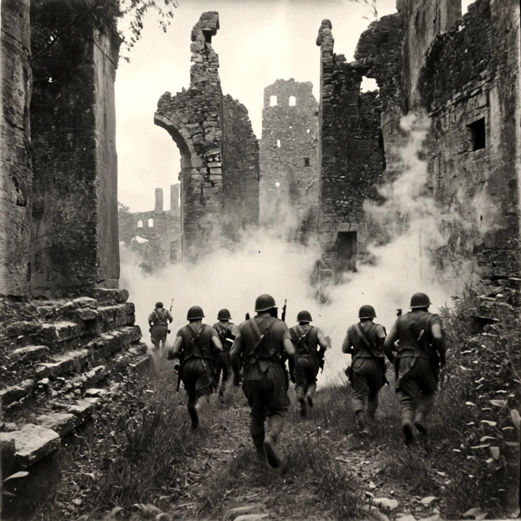 black and white, grainy old footage, 35mm vintage, frightened USA-army soldiers wearing camo running from two giant-spartan soldiers among ancient ruins