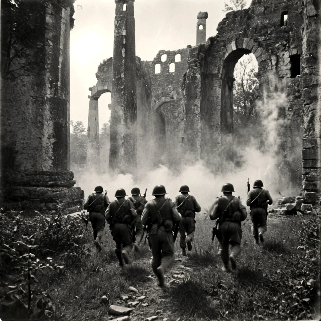 black and white, grainy old footage, 35mm vintage, frightened USA-army soldiers wearing camo running from two giant-spartan soldiers among ancient ruins