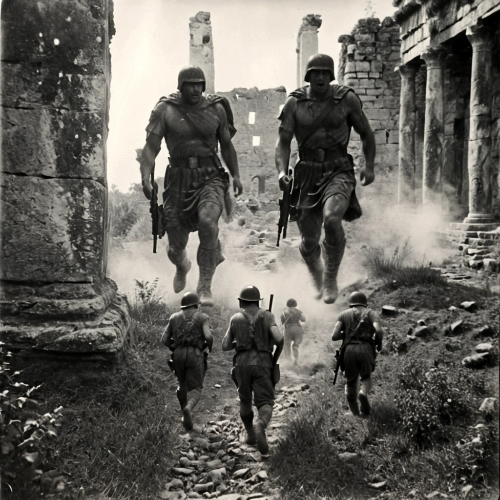 black and white, grainy old footage, 35mm vintage, frightened USA-army soldiers wearing camo running from two giant-spartan soldiers among ancient ruins
