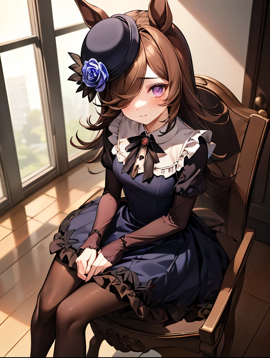 r1cesh0wer, 1 girl, Solo, Best Quality, masutepiece, 8K, High resolution, Ultra-detailed, sitting on the chair, horse tail, horse girl, purple eyes, hair over one eye, hat flower, (((collared dress, light brown dress:1.5, frilled dress, black pantyhose, loafers))),