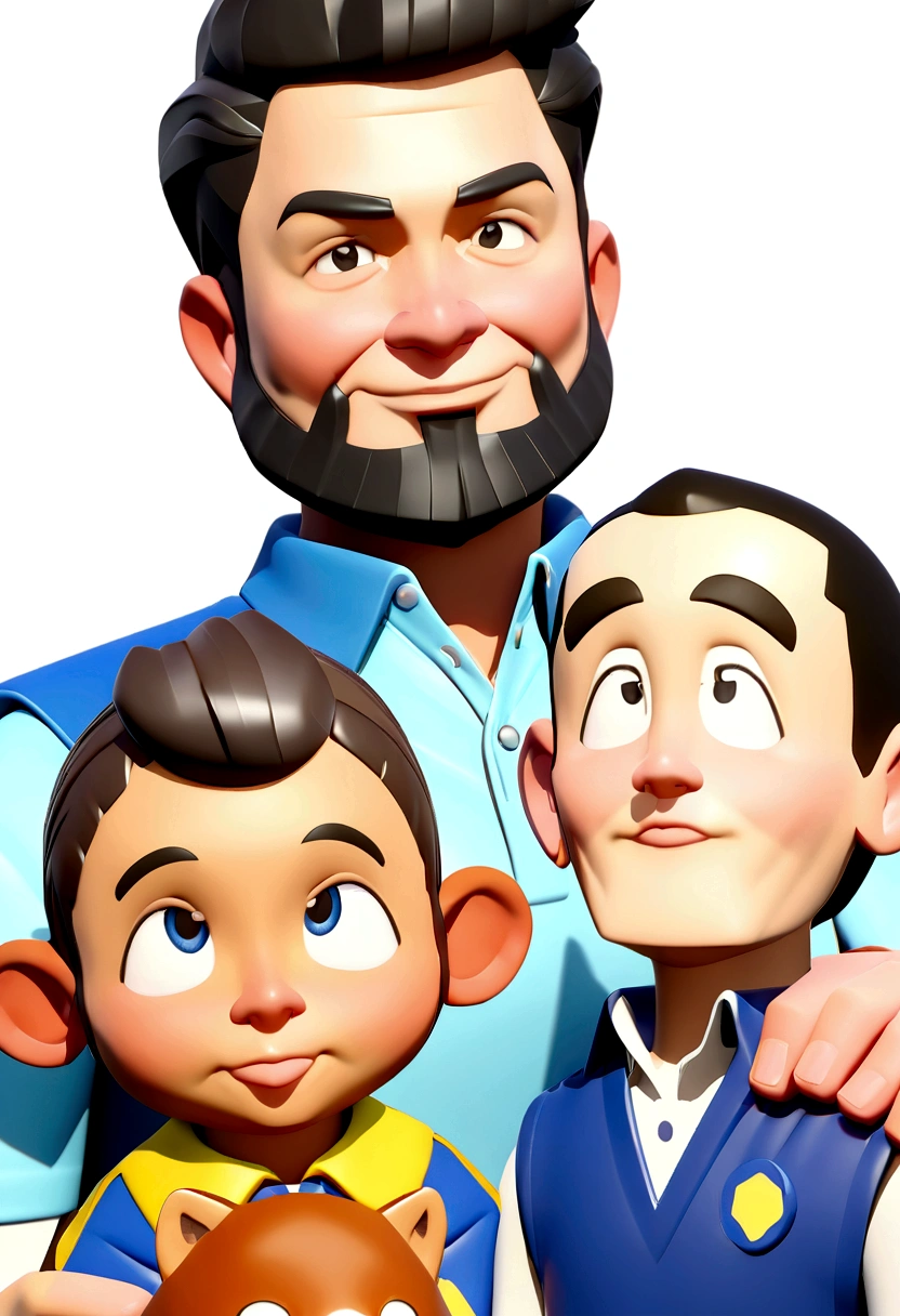 Cartoon character of a man in a blue pen polo shirt and a councilor vest, chubby with black hair and slightly shaved sides, with bangs thrown to the side but not too long, eyes browns, closed beard, with a caramel dog on your lap, straight smile with thin lips, animation character, stylized character, animation style rendering, 3d stylized, Stylized 3D rendering, toon render screenshot, 3d character, 3d character, Stylized 3D rendering, 3D character rendering, cartoon character, Funnily character,White background,  (Pixar-style) (master part:1.2) (bokeh) (best qualityer) (skin detailed) (detailed texture) (8K)  