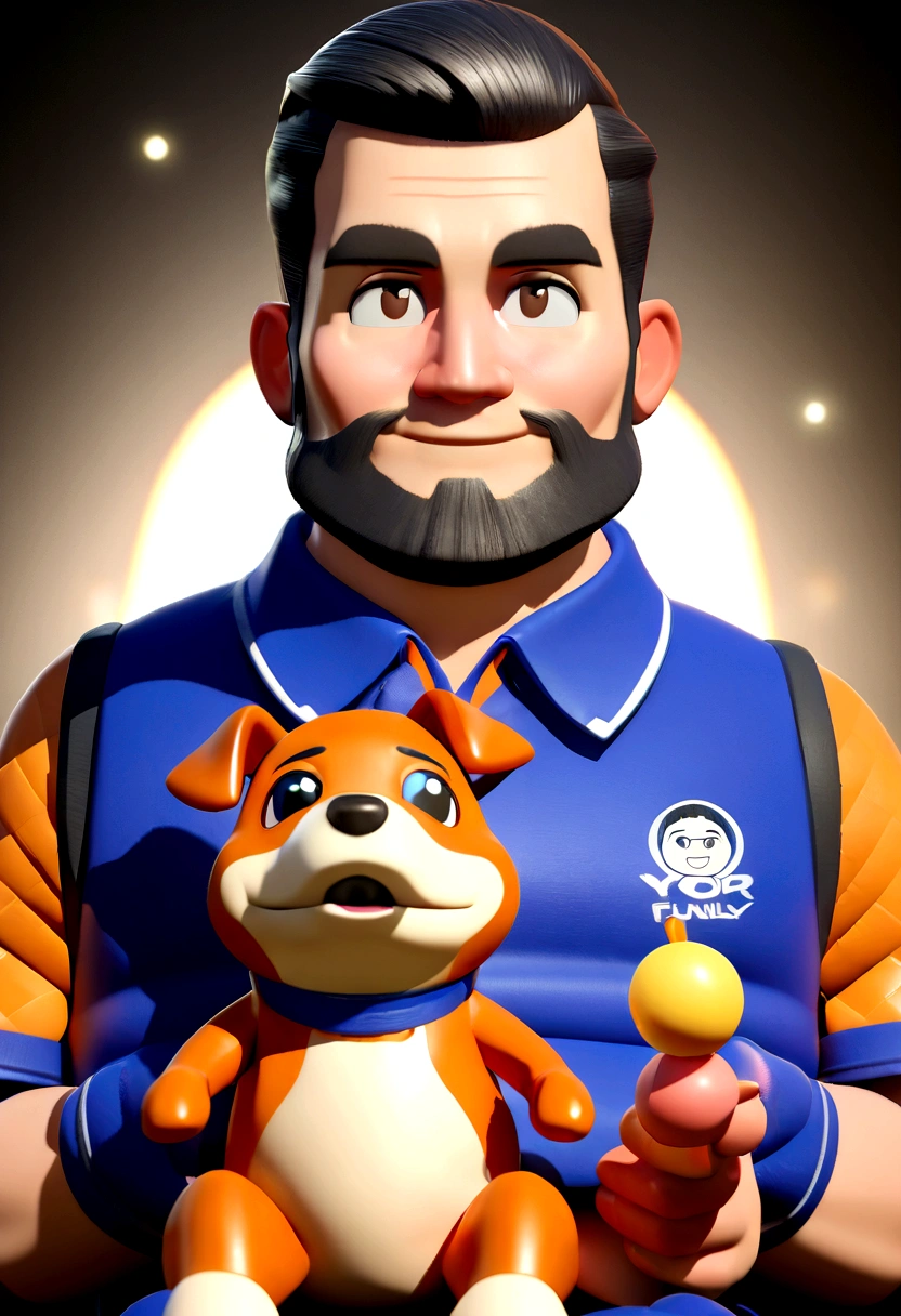 Cartoon character of a man in a blue pen polo shirt and a councilor vest, chubby with black hair and slightly shaved sides, with bangs thrown to the side but not too long, eyes browns, closed beard, with a caramel dog on your lap, straight smile with thin lips, animation character, stylized character, animation style rendering, 3d stylized, Stylized 3D rendering, toon render screenshot, 3d character, 3d character, Stylized 3D rendering, 3D character rendering, cartoon character, Funnily character,White background, (Pixar-style) (master part:1.2) (bokeh) (best qualityer) (skin detailed) (detailed texture) (8K)