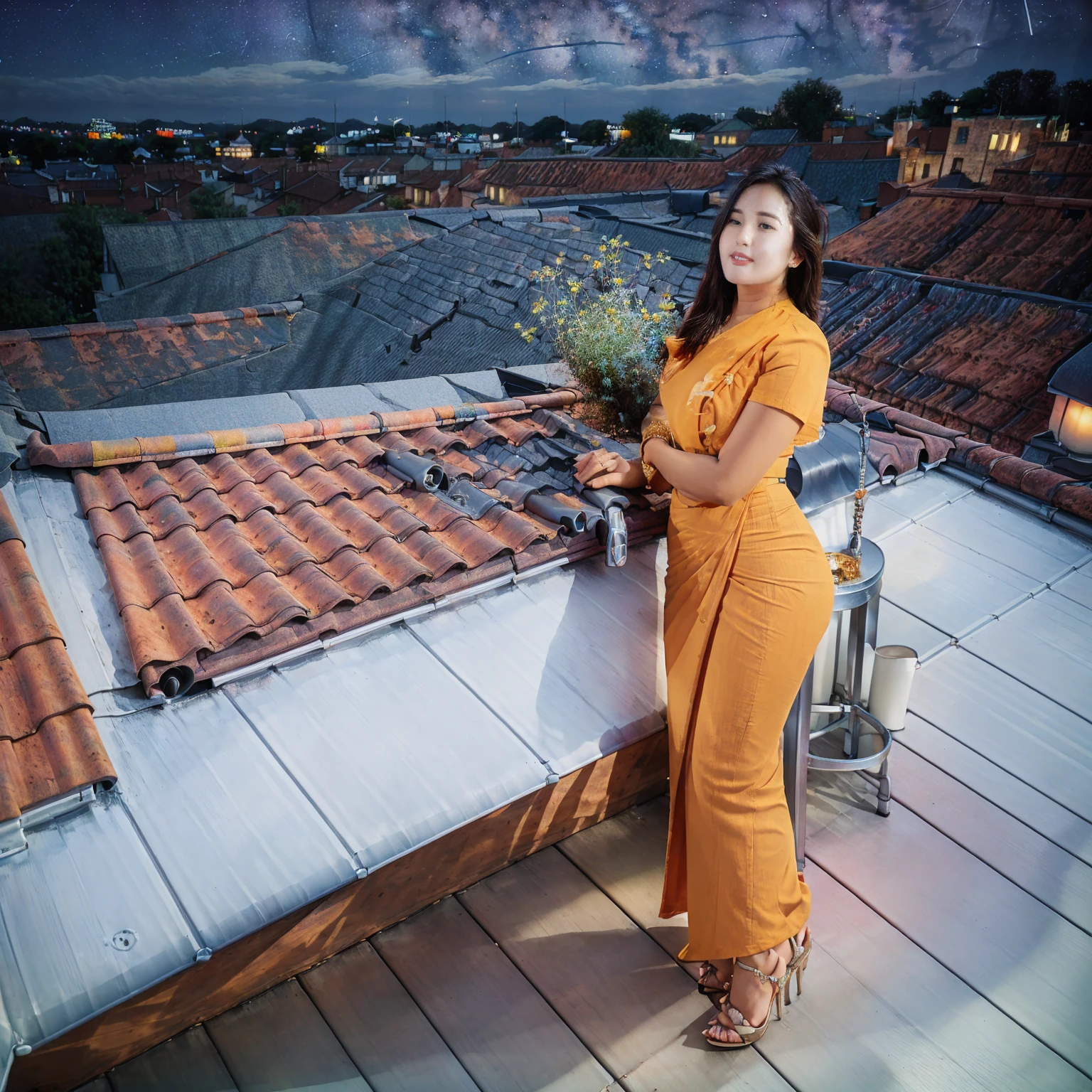Burmese beautiful woman, 1 girl, solo, pretty lady MoonLay, innocent look, cute smile, red lips, (sitting seductively on a stool pose:1.5), (looking to the sky:1.8), (night with starry sky:1.5), smooth face skin, traditional beauty, cinematic portrait glow lighting, traditional dress, in a white shirt and red skirt, high heel, (full body view:2), (two story building rooftop balcony with vibrant colorful small townscape background:1.5), (cinematic bokeh deep blur background:1.5), cinematic lighting, perfect anatomy, perfect dress, perfect shin and calf,
