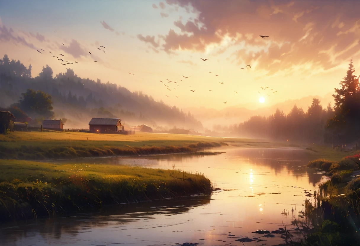 Early morning countryside, sounds of birds chirping, serene atmosphere, soft lighting, misty, detailed, photorealistic, vibrant colors, natural setting, high definition'
