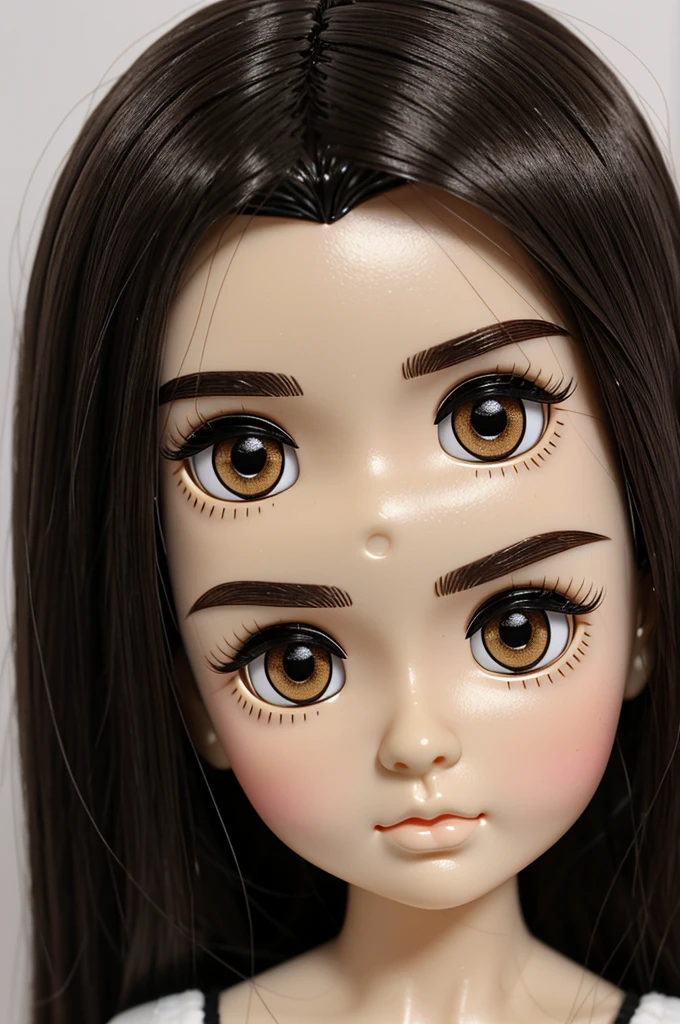 Blythe doll with black straight hair and bangs, very dark brown (only the iris pls) almond shaped eyes, and slightly tanned skin