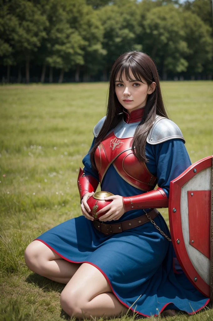 A woman dressed in red and blue in medieval times holding a red shield in her hand sitting in a field