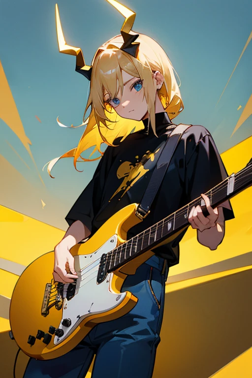 blond hair,guitar behind,golden horns, black shirt,blue pants,