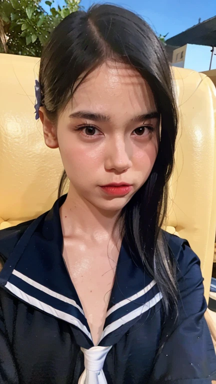 Masterpiece, best quality, ultra high res, realistic, (photorealistic:1.4), photography, rule of third, 1girl, (the girl wearing black sailor uniform), night, city light, cinematic lighting, 80s filter, detailed face , looking at viewer, front view, 80s movie, profile picture, portrait, dissapointed face