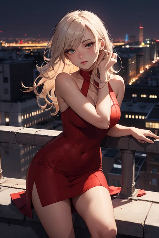 masterpiece, best quality, shadows, dynamic angle, front view, perfect hands, perfect legs, perfect anatomy, pretty face, mature features, 1 girl, 21 years old, mature woman, sexy red dress, city night background, white long hair, thighs, ass, breast, seductive, spicy, posing, cinematography lights,