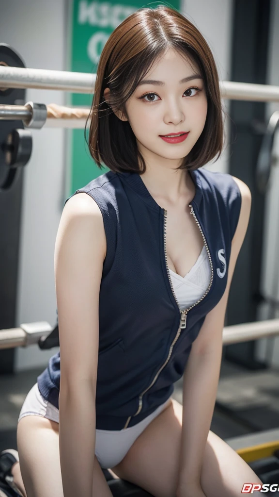 Highly detailed CG unity 8k wallpaper, of the highest quality, Super detailed, masutepiece, Realistic, photographrealistic, extremely detailed cute girl, 25yo, cleavage , (perspired) , Round eyes, peeping at the viewer, Blush, Smile, parted lip, Semi-body shot , Realistic、track suit、Realistic reproduction with vests , Panties , Squat, sports gym, short hair