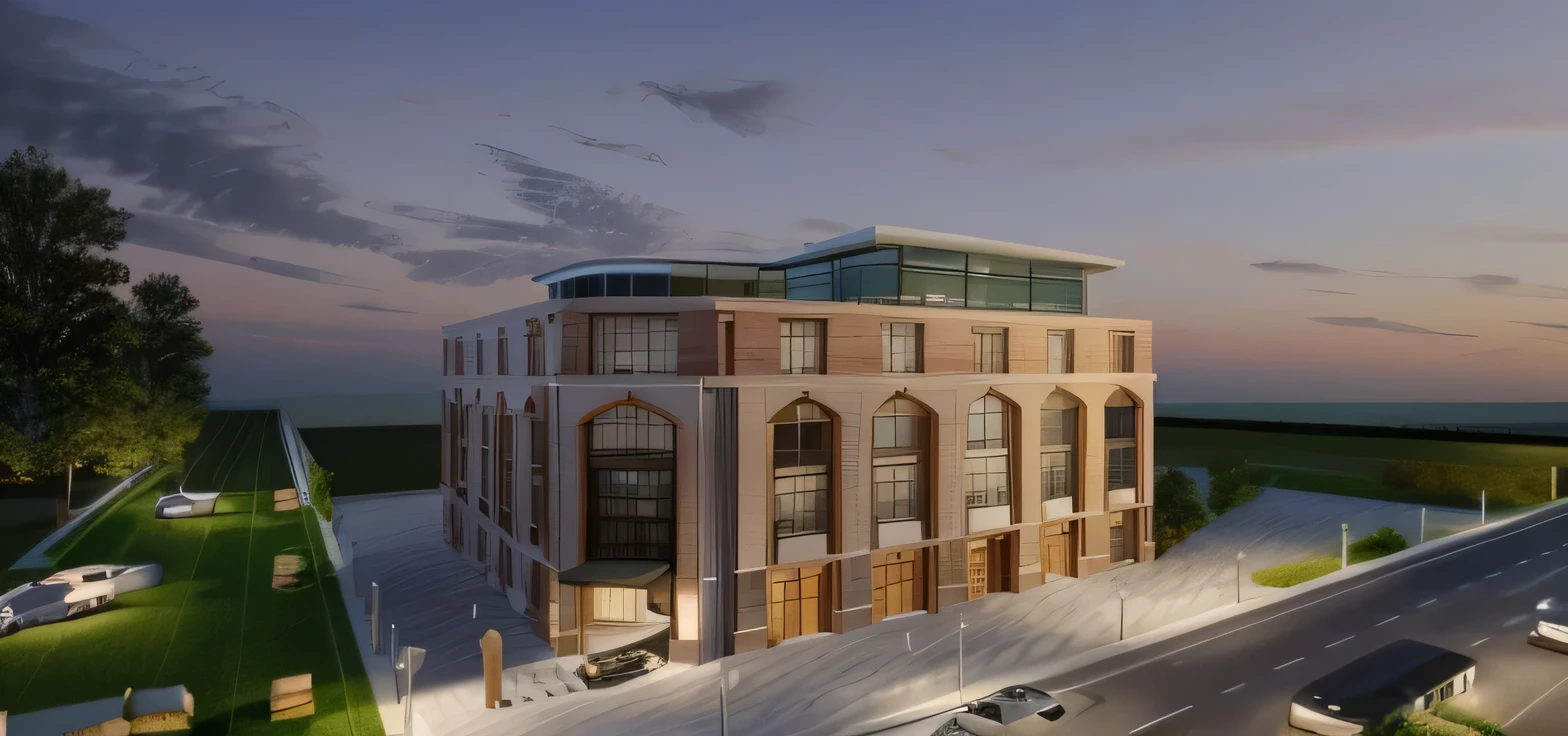Create a realistic image of a traditional American building. The building should have classic brick walls with the lower part made of precast stone that matches the color of the brick. The architecture should reflect traditional American design elements, including symmetrical windows, a gabled roof, and a welcoming front porch. The scene should be set in a suburban environment with a neatly landscaped front yard, including green lawns and some trees. Ensure the overall style is realistic, capturing the textures of the brick and stone materials. The image should be looked like a real picture shoot at dusk time. 
