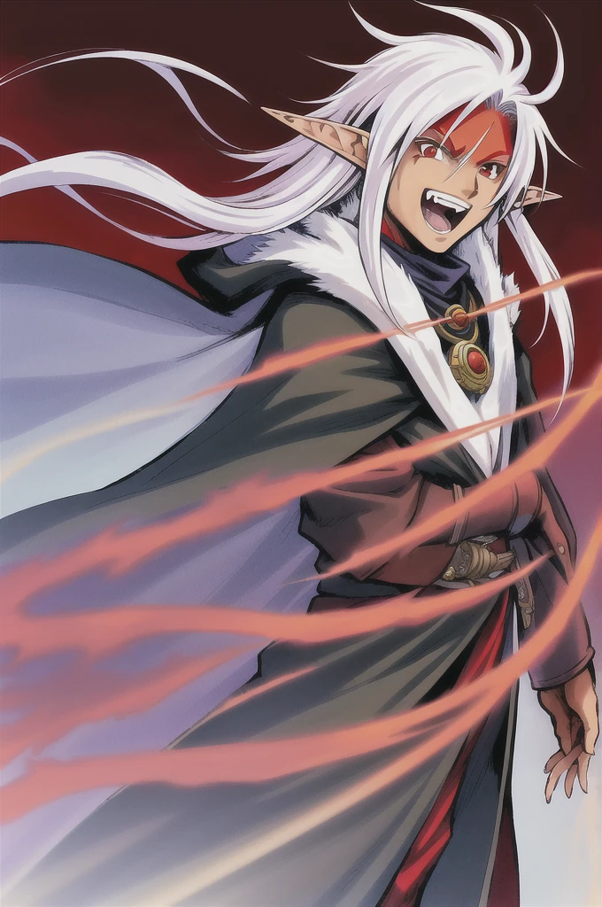 nomura tetsuya, masterpiece, best quality, 1boy, red eyes, white hair, tanned skin, spike hair, laughing, elf ear, sadic face, dark cloak, fantasy background, looking at viewer, mage, long hair, simple background, solo,