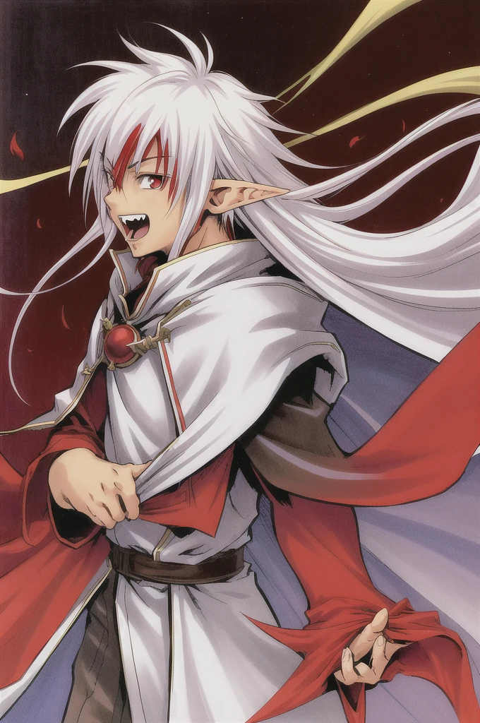 nomura tetsuya, masterpiece, best quality, 1boy, red eyes, white hair, tanned skin, spike hair, laughing, elf ear, sadic face, dark cloak, fantasy background, looking at viewer, mage, long hair, simple background, solo,