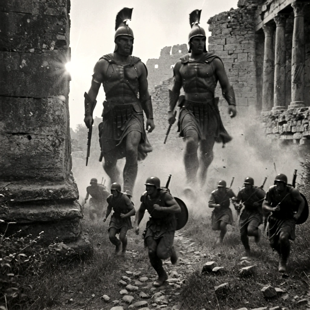black and white, grainy old footage, 35mm vintage, frightened USA-army soldiers running away from two giant-spartan soldiers among ancient ruins