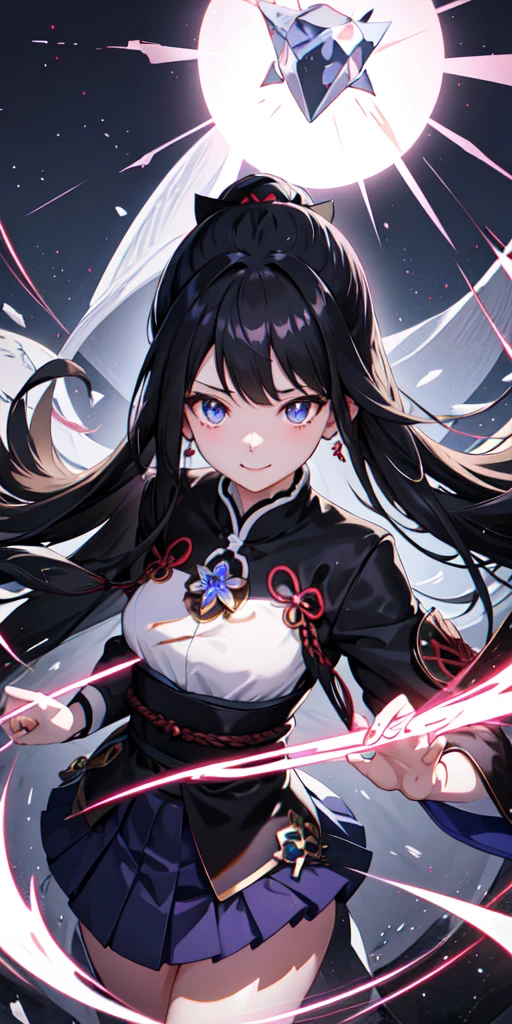 1girl, Japanese clothes, loose hair, black hair, blue eyes, crystal in the middle of the chest, wallpaper, landscape, smile, blood splatter, depth of field, night, light particles, light rays, side lighting, thighs, fate \(series\), genshin impact, ****, open jacket, skirt, thigh, cloud