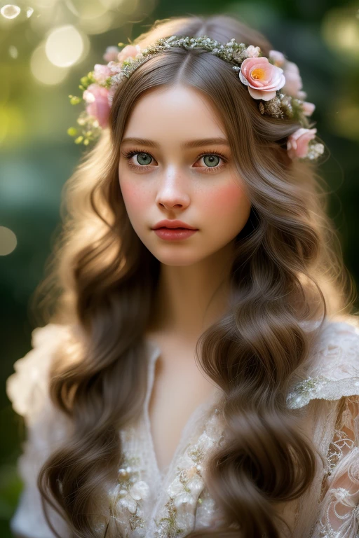 a beautiful sweet girl, 1girl, extremely detailed eyes and face, beautiful detailed eyes, beautiful detailed lips, long eyelashes, cinematic lighting, warm color palette, detailed skin, intricate hairstyle, detailed clothing, delicate facial features, elegant pose, whimsical expression, fantasy garden background, lush greenery, colorful flowers, sunlight filtering through leaves, soft focus, digital art, photorealistic, (best quality,4k,8k,highres,masterpiece:1.2),ultra-detailed,(realistic,photorealistic,photo-realistic:1.37)