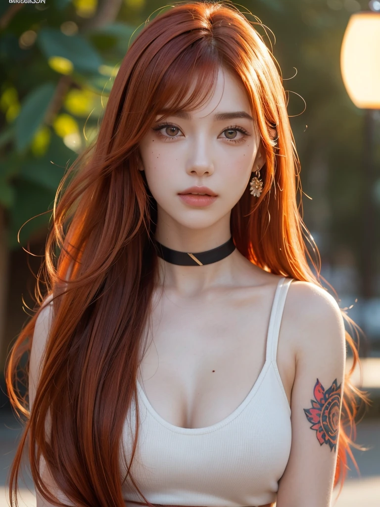 1girl, alone, solitary, high quality, (best quality,4k,8k,highres,masterpiece:1.2),ultra-detailed,(realistic,photorealistic,photo-realistic:1.37),gorgeous hair,red hair, red long straight hair with bangs,puffy eyes,mole on the cheek,plump lips,jewelry,(high detailed skin:1.4),(rim lighting:1.3),(lit:1.3),(sunny day:1.3),portrait,beautiful lips,waist-length hair,seductive gaze,moles,casual clothes,colorful clothing,close up,really long hair,choker necklace,tattoos,tattooed,light eyes,bangs,fringe,20 year old,dimples on the cheeks,dimples,orange hair,sharp eyebrows,redhead
