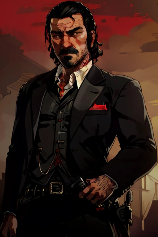 DutchRDR, 1boy, male focus, facial hair, solo, red background, black hair, shirt, beard, formal, jacket, holding, suit, knife, necktie, white shirt, black jacket, scar, looking at viewer, blood, mustache, long sleeves, collared shirt, manly, tattoo, closed mouth
