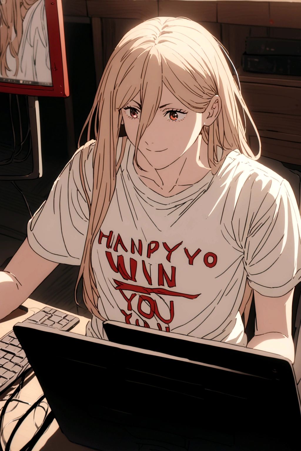 A Power,playing on a PC,all happy to win you ,wearing a shirt written, Harl.