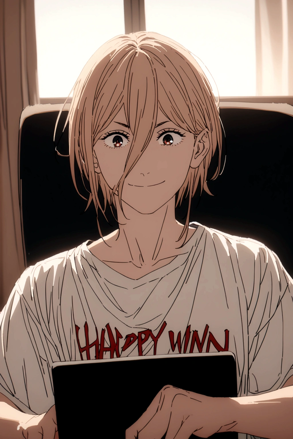 A Power,playing on a PC,all happy to win you ,wearing a shirt written, Harl.