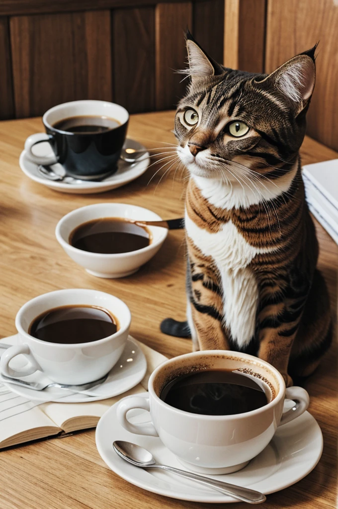 Happy cat with a cup of coffee, drawing