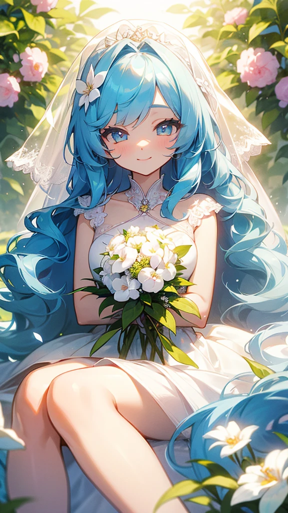 wedding_dress,smile,hold_flower,beautiful_light_blue_hair,long_hair,beautiful_light_golden_eyes,eyes,1_beautiful_girl,cute_face,beautiful,perfect_quality,perfect_anatomy,masterpiece,flower garden,beautiful,best quality,hours,