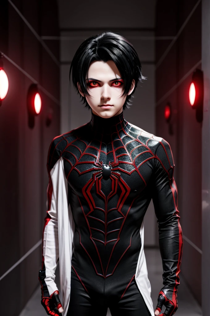 A human half spider hybrid boy with black hair normal red eyes and then two red eyes on each cheek (full body anime)