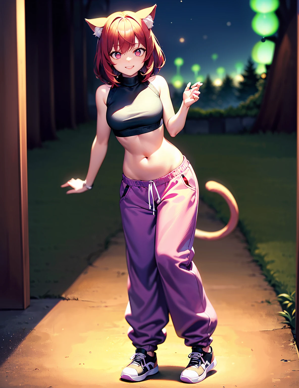 (best quality, ultra-high resolution, depth of field:1.2), (full body shot:1.2), (perfect body:1.2), (medium breasts:1.2), beautiful face, (18 years old), (cat woman), radiant eyes, (purple eyes:1.2), (beautiful smile), (red hair), animal ears, (fluffy cat ears), (fluffy cat tail), (baggy sweatshirt:1.2), (round belly:1.2), (cute baggy pants:1.2), (split-sole sneakers:1.2), night time, (multiple points of views), standing, (bioluminescence:1.2),masterpiece,score_9,score_8_up,best quality,incredibly absurdres,anime