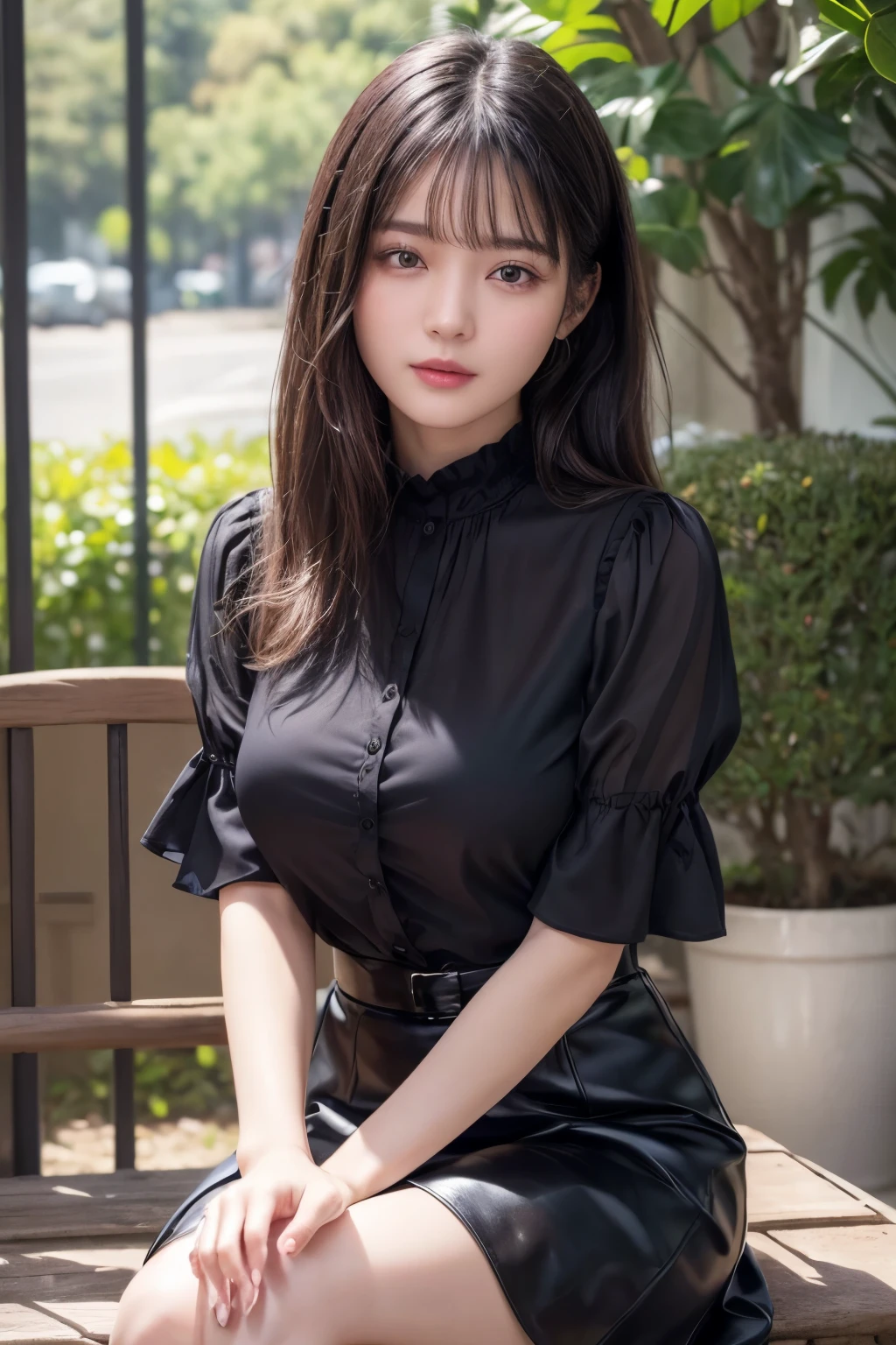 A woman sitting on a bench in a black dress - SeaArt AI